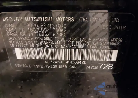 2019 Mitsubishi Mirage Gt z USA, uszkodzony, nr VIN ML32A5HJ6KH006439